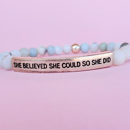 "She believed she could so she did" beaded braclet with gold plated saying